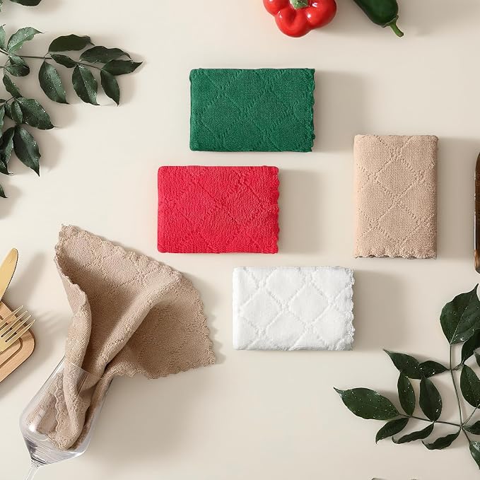 Homaxy 12 Pack Super Soft Absorbent Coral Velvet Dish Cloths, 10" x 10" | Dark Green/Tan/Red/White, Nonstick Oil Fast Drying Microfiber Cleaning Cloth, No Lint Household Dishcloths