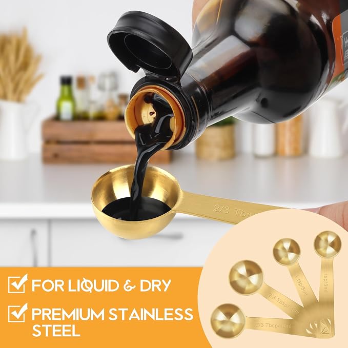 2 PCS 2 Teaspoon(10 mL, 2tsp, 2/3tbsp) Stainless Steel Single Measuring Spoon, Easy to Use and Easy to Wash Metal Measuring Scoop Kitchen Gadgets for Cooking & Baking(Gold)