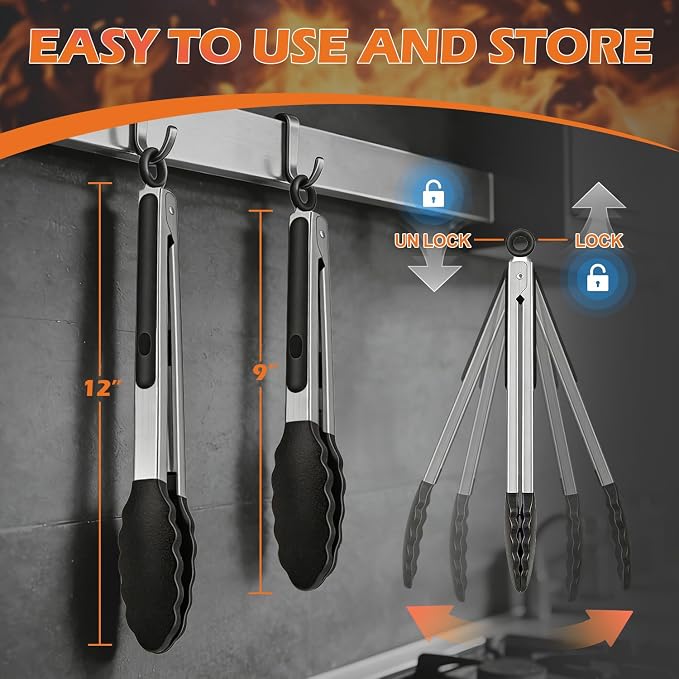 Stainless Steel Kitchen Tongs with Silicone Tips, Locking Grilling Food Tongs, 9" and 12", Set of 2 Black