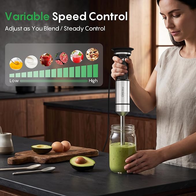 FRESKO Immersion Blender Handheld, Hand Blender with Variable Speed Trigger | Anti-Scratch Stainless Steel Shaft, Stick Mixer for Soups, Shakes, Baby Food & Puree