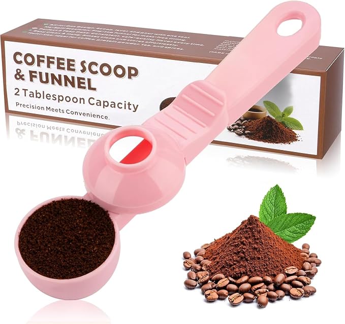 2-in-1 Coffee Scoop with Funnel, 2 Tbsp Measuring Spoon for Reusable K Cups, Ground Coffee, Protein Powder & Tea, Mess-Free Plastic Design（Pink-1pack）