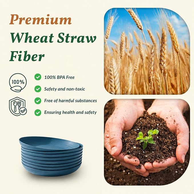 Unbreakable 8 Pcs Deep Dinner Plates Reusable Plastic Wheat Straw Plates Set Lightweight Kitchen Plates for Salad, Lunch, Dessert, Microwave & Dishwasher Safe Plates for Camping (Blue, 9 In)