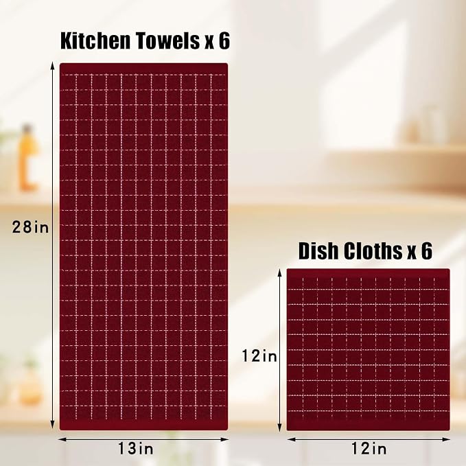 Homaxy Kitchen Towels and Dishcloths Set, Set of 8, Brick Red | Bulk Cotton Terry Kitchen Towels, Checkered Designed, Soft and Super Absorbent Dish Towels, 12 x 12 and 13 x 28 Inches