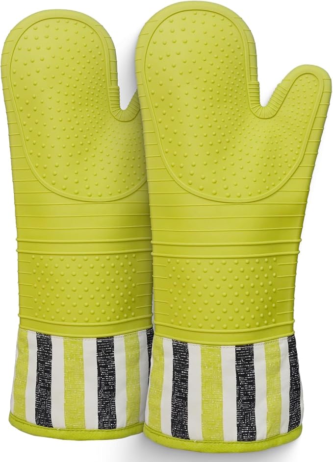 Heat Resistant 550 Degree Oven mitt, Silicone Oven Hot Mitts - 1 Pair, Extra Long Professional Baking Oven Gloves - Food Safe,Pot Holders Cooking,Grilling,Kitchen (Vanilla)