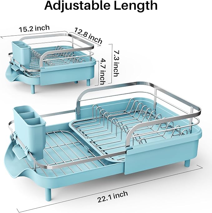 SNTD Expandable Dish Drying Rack for Kitchen Counter, 15.2-22.1 in, Blue | Rust-Resistant Stainless Steel, Protective Side Rails, Self-Draining Drainboard, Removable Utensil Holder