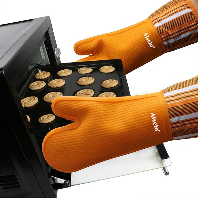 Alselo Silicone Oven Mitts Set, Heat Resistant 550 Degree,7.5"x16" | Extra Long Kitchen Mittens,Waterproof & Non-Silp Oven gloves for Baking Cooking Barbecue Microwave (Extre long Orange, 2)
