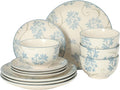 Gibson Home Admiral Hall 12-Piece Matte Stoneware Dinnerware Set – Dinner Plates, Salad Plates & Bowls with Blue Floral Pattern, Durable Everyday Dish Set, Microwave & Dishwasher Safe
