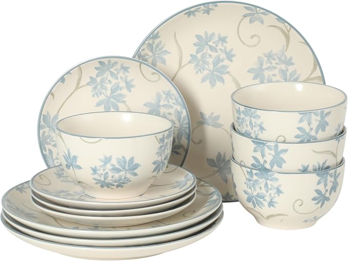 Gibson Home Admiral Hall 12-Piece Matte Stoneware Dinnerware Set – Dinner Plates, Salad Plates & Bowls with Blue Floral Pattern, Durable Everyday Dish Set, Microwave & Dishwasher Safe