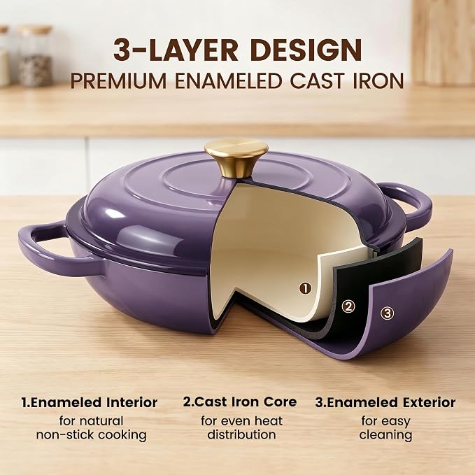 Vintage Style 3 Quart Enameled Cast Iron Braiser, Non Stick Enameled Cast Iron Skillet with Lid, Dutch Oven Skillet with lid up to 500°F for Oven, Stove, Grill, Shallow Dutch Oven for Cook, Bake (Purple)