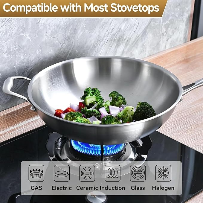 LOLYKITCH 12-Inch Stainless Steel Wok with Glass Lid | Detachable Handle | Uncoated Tri-Ply Stir Fry Pan | Everyday Cooking Wok for Induction & Glass| Flat Bottom | SGS Certified Cookware | PFOA-FREE