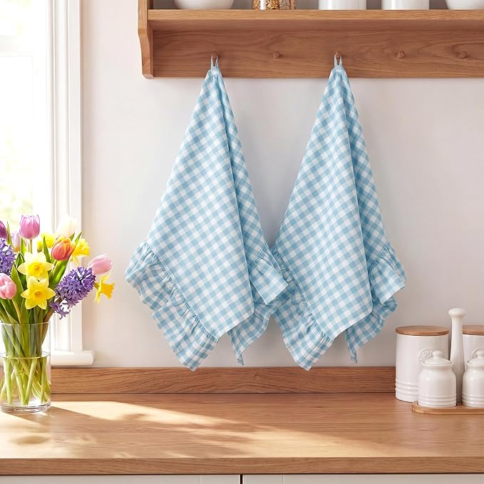 HunnmingRe 2 Pcs Light Blue Gingham Kitchen Towels Cotton Ruffled | Checked Dish Towels 18"x28" Tea Cloths Plaid Cottage Core Kitchen Decor for Farmhouse Charm Drying Dishes Entertaining Guests