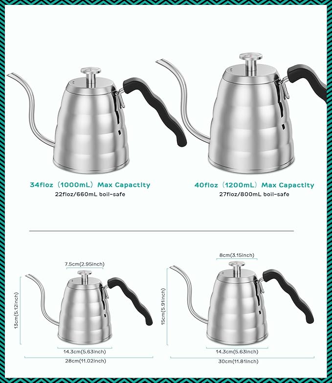 Coffee Gator Gooseneck Kettle with Thermometer - 40oz | Stainless Steel Pour Over Maker, Stove Top, w/Precision Drip Spout, for Drip Coffee, French Press, Tea Kettle , 5 Cup, 1.2L