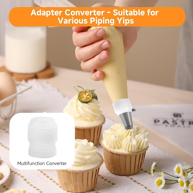 5 Pcs Large Piping Tips Set with Coupler, Stainless Steel Frosting Tips for Cake Decorating, Extra Large Pastry Nozzles for Cupcakes, Cookies, Churros, Eclairs, Meringue and Baking(F02/F06/9FT/R22L)
