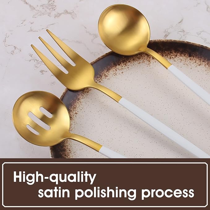 VANVRO Matte White Gold Serving Silverware Set, 5-Piece Round Shared Utensils Set of Stainless Steel, Hostess Flatware Serving Set, Satin Finish, Dishwasher Safe
