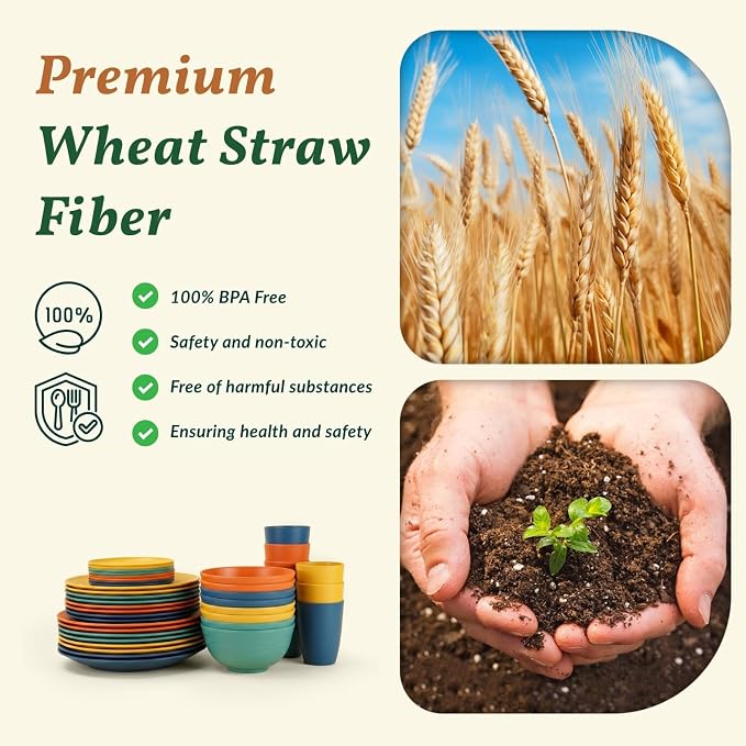40-Piece Unbreakable Plastic Wheat Straw Dinnerware Set - Multi Color, 8-Person Dish Set for Dinner, Plates, Bowls, Cups & Appetizer Plates - Perfect for Outdoor Camping