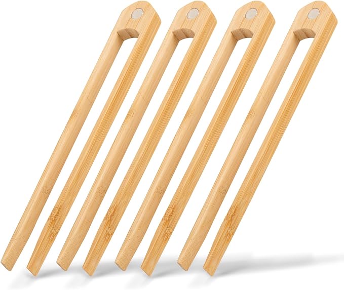 Jowmoy 4 Pieces With Magnet Natural Bamboo Toast Tongs, toast tongs, bamboo tongs,slip Design,for Toaster,Fruits, Bread & Pickles, Kitchen Utensil, Salad, Pasta, Grilling, BBQ.