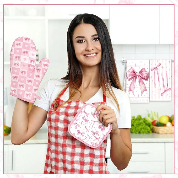SiliFine 12 Pcs Pink Bow Kitchen Accessories Set Cute Bow Pot Holders Coquette Oven Mitts Pink Ribbon Kitchen Towels for Girly Home Decorations, Cooking Baking Housewarming Gifts