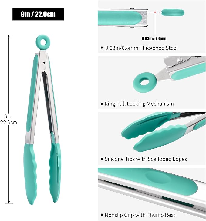 Doosu Kitchen Tongs with Silicone Tips for Cooking Serving (9in, Aqua Sky) | 600°F Heat Resistant Food Tong, Heavy Duty Stainless Steel Locking Tong for BBQ, Grilling Steak, Salad, Toast, Pasta