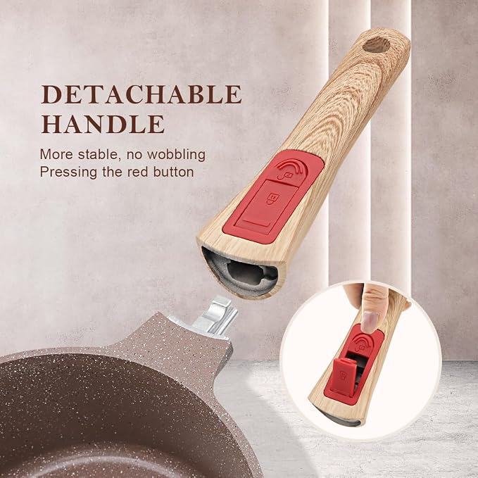 AIKENBBKK 1.5 Quarts Ceramic Nonstick Saucepan with Lid, Small Sauce Pot with Pour Spouts for Multipurpose Use, Milk Pan with Detachable Handle, Oven Safe (Brown)