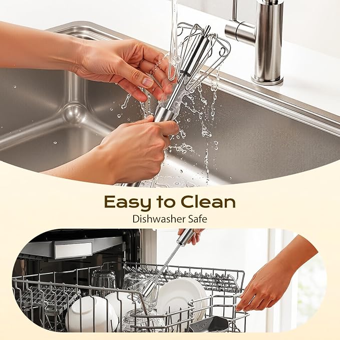 Upgraded Stainless Steel Semi-Automatic Whisk, 10 inch | Easy Push Hand Whisks for Eggs, Cream, Coffee & Light Mixing, Easy Clean Kitchen Whisk for Everyday Cooking, Kitchen Gadgets