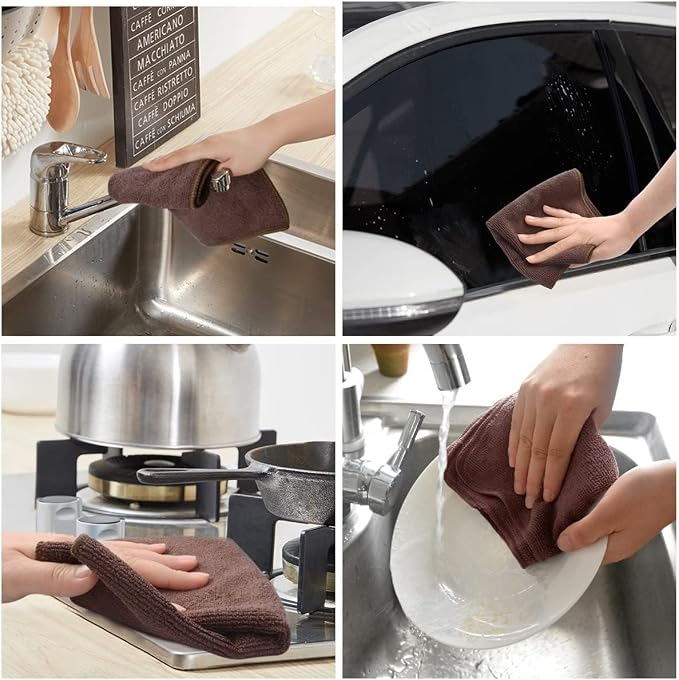 Dish Cloths for Washing Dishes with Scrub Side, Microfiber Dish Rags | Dual-sided microfiber dish cloths with scrubber for stuck-on food, quick dry kitchen washcloths 10 Pack, 12 Inch Brown