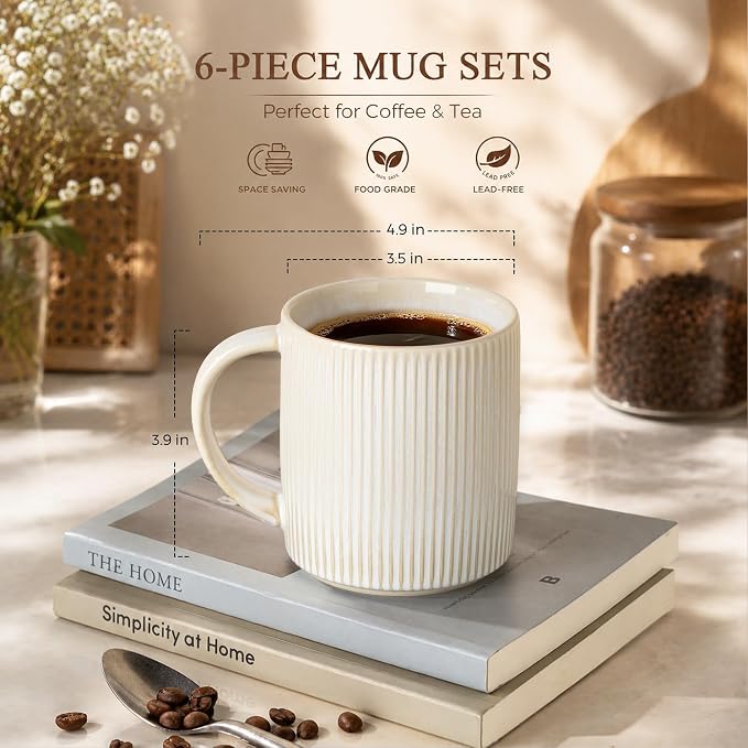 theterra Ceramic Coffee Mugs Set of 6, 14.2 oz Coffee Cups with Handle | Handmade, Suitable for Latte, Tea, Milk, Beer & Hot Cocoa, Reactive White