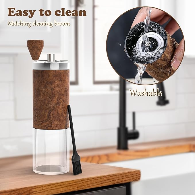 Manual Coffee Grinder, Portable Coffee Grinder, Burr Mill, Foldable Crank | Fine-to-coarse grind adjustment, stainless steel body, clear grounds cup and cleaning brush for home, office or travel.