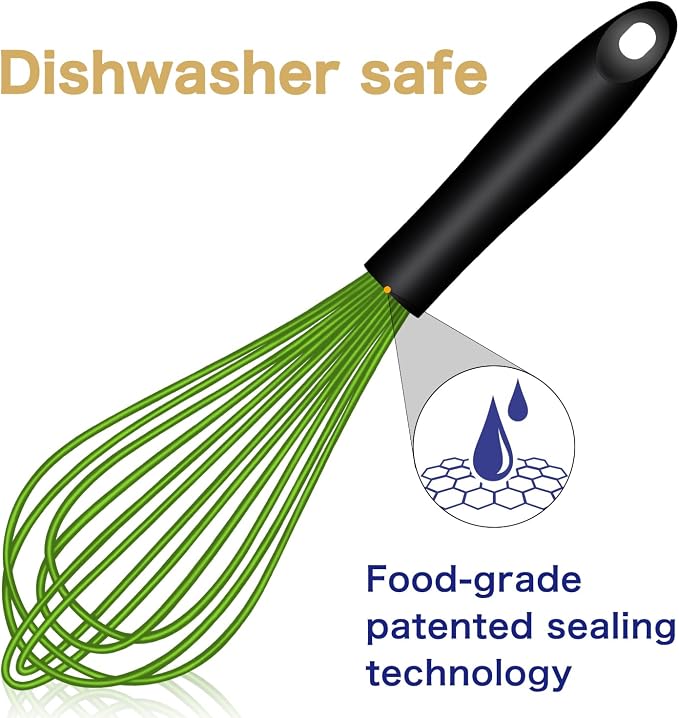 OYV Green Silicone Whisk Set of 3, 8/10/12 Inch, Dishwasher Safe | Sealed Waterproof Handles, Non-Scratch Silicone-Coated Wires, Nonstick-Safe, Durable Stainless Steel Cores, Easy To Clean