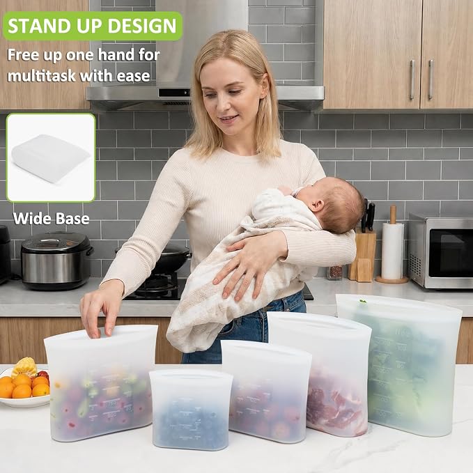 100% Silicone Reusable Storage Bag, 9 Pack Stand-Up Wide-Mouth Zip-Lock Food Storage Bags, Easy-Fill Easy-Open Easy-Clean Space-Saving, Microwave & Dishwasher Safe, 1 XL/3 L/1 M/3 S/1 XS, Translucent
