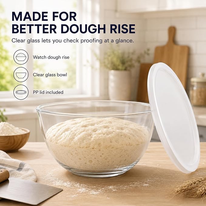 4.7Qt Extra Large Glass Mixing Bowl for Sourdough Bread Making | Glass Mixing Bowl for Sourdough Bread with Lid Clear Breads Proofing Bowl with Covers Ideal for Kitchen Storage
