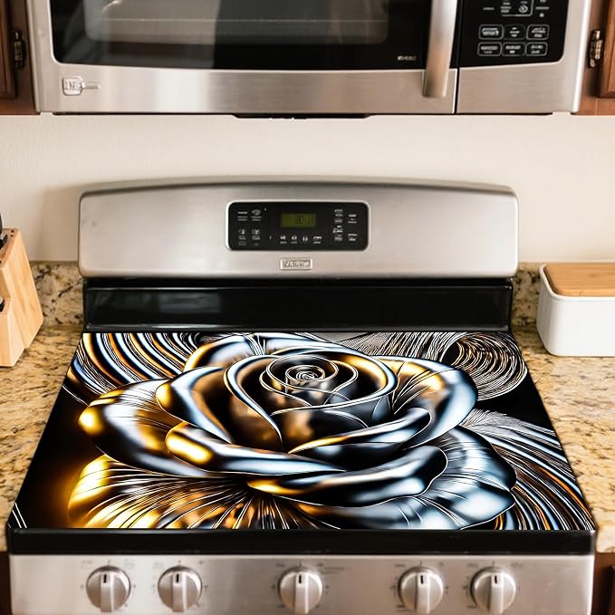 Nuxovilar Stove Top Cover Cooktop Mat 28.3x20.4in Polyester Diatom | Electric Guard Range Countertop Pad Burner Protection Sheet Kitchen Decor Cooking Area Home Styling (Metallic Rose)
