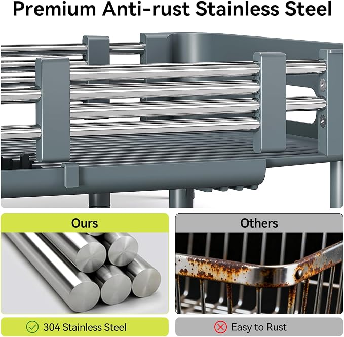 Urackify Extendable Stainless Dish Drying Rack for Kitchen Counter | 13.78"W x 18.7"L, Foldable Drainboard for Space Saving, Knife and Utensil Holder, Fast-draining Spout, Dark Slate Teal
