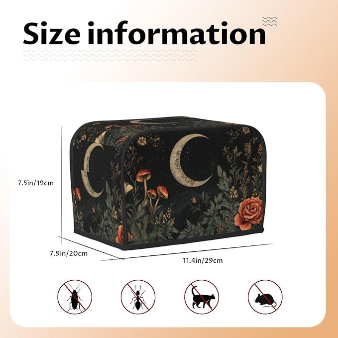2 Slice Toaster Cover Botanical Flower Moon Vintage Dust Proof Washable Kitchen Appliance Cover with Pocket, Oxford Fabric Countertop Toaster Protector for Standard Toasters Small Appliances