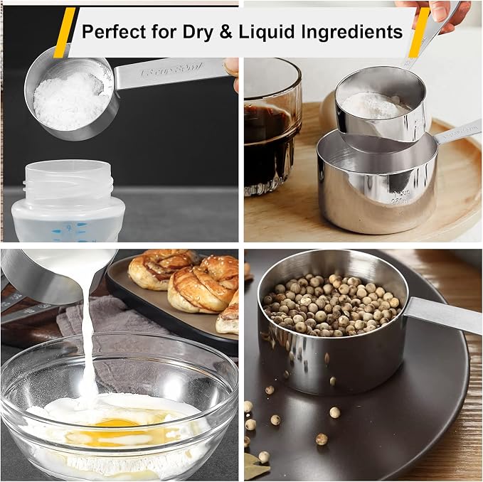 JOYHILL Measuring Cups and Spoons Set 304 Stainless Steel 10-Piece Silver | BPA-Free Silicone Handles, Etched Markings, Nestable Design, Dishwasher Safe for Dry & Liquid Ingredients