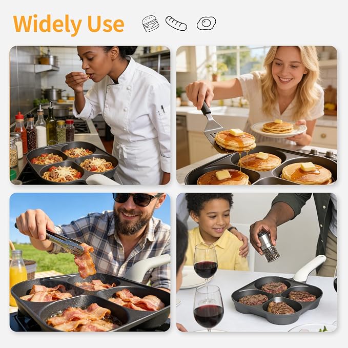 Nkove 4 Cup Egg Pan, Nonstick Breakfast Pan with 4 Holes for Pancakes | 4 Compartment Skillet for Eggs, Omelets & Pancakes, Nonstick Frying Pan for Breakfast Sandwiches, Gas & Induction Compatible