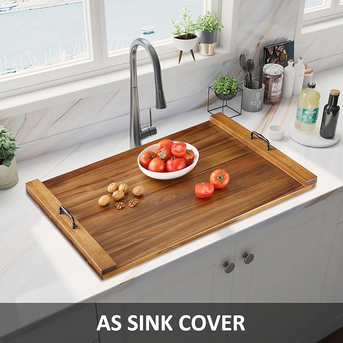 Garvee Acacia Wood Noodle Board Stove Cover 30x22 in, Stove Top Cover | Large Cutting Board Butcher Block with Dual Handles, for Electric & Gas Stovetop