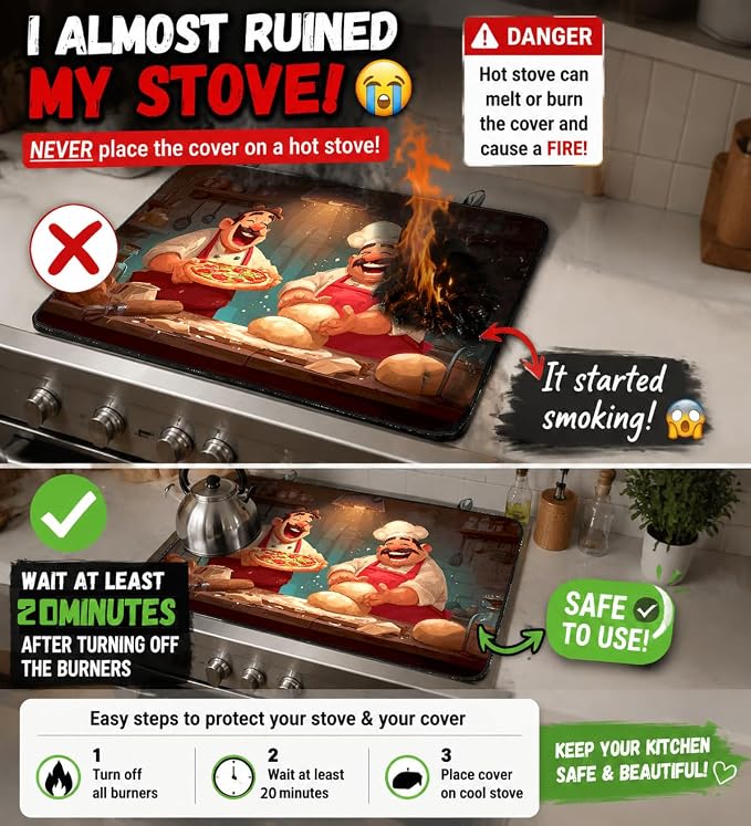 Electric Stove Top Cover for Glass Top, Funny Chef Pie Decor – Heat Resistant Flat Stove Top Covers, Decorative Scratch Protector Mat for Glass Ceramic Cooktop, Non-Slip, 28"x20"