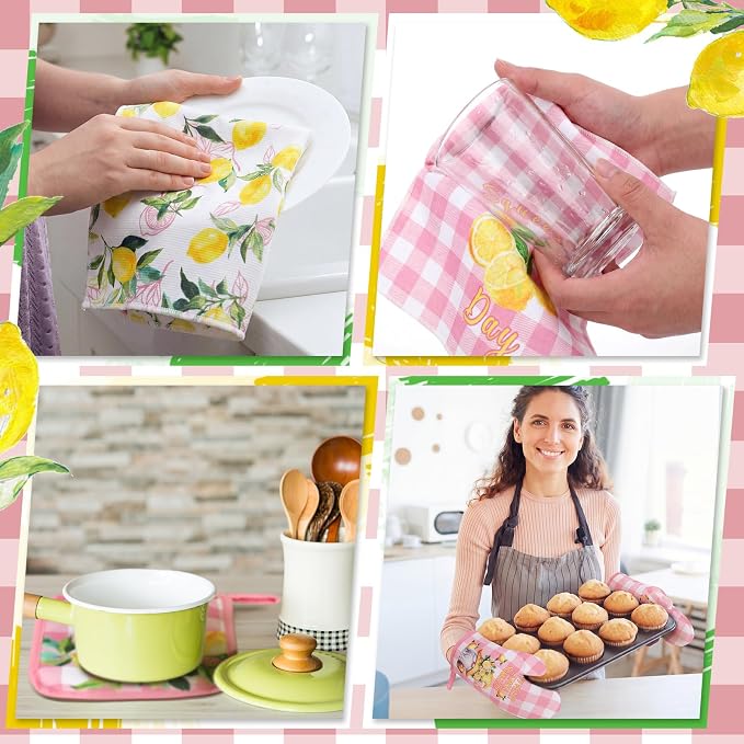 Fourluoo 10 Pcs Lemon Kitchen Decor and Accessories Set Lemon Kitchen Rugs Towels Pot Holders Oven Mitts Set for Cooking Baking Mom Housewarming Gifts