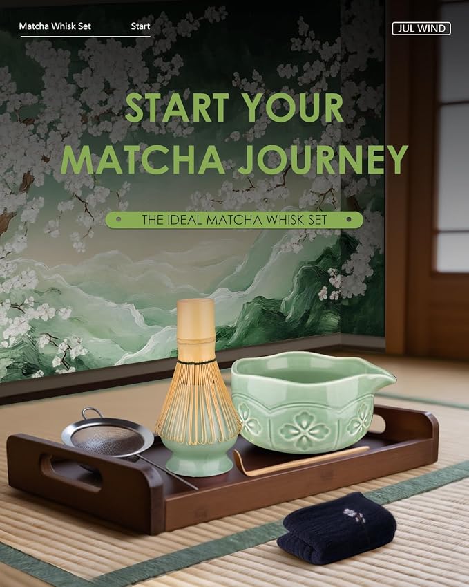 Matcha Whisk Set, Ceramic Matcha Set Includes Matcha Bowl and Matcha Whisk | Holder, Spout, Bamboo Scoop, Sifter and Tea Towel - 6 Pcs Matcha Kit Gift for Matcha Lovers Beginners