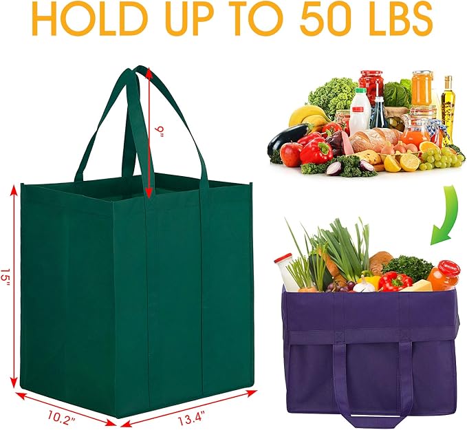 12 Pack Reusable Grocery Shopping Bags Large Foldable Tote Bags Bulk | Eco Produce Bags with Long Handle for Shopping Groceries Clothes (6 Assorted Colors)
