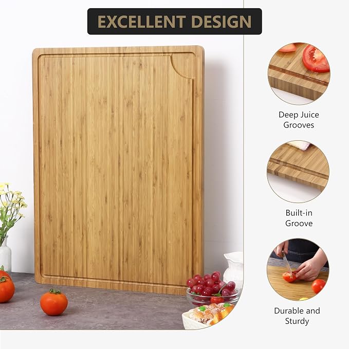 24x18 Inch Bamboo Cutting Boards for Kitchen, Extra Large Wood Chopping Board with Juice Groove and Handle, Revisible Butcher Block Charcuterie Serving Tray