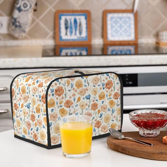 2 Slice Toaster Cover Flower Pattern Vintage Dust Proof Washable Kitchen Appliance Cover with Pocket, Oxford Fabric Countertop Toaster Protector for Standard Toasters Small Appliances