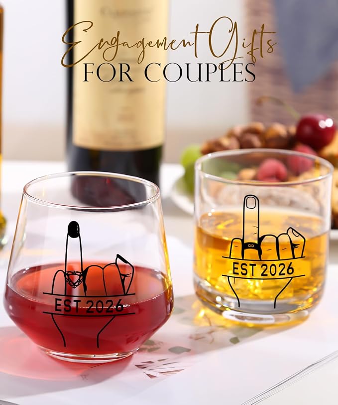 comfit Engagement Gifts for Couples 2026 - Bridal Shower Gift - Valentine's Day,Wedding Gifts for Couples, His and Hers, Newlywed - Wine&Whiskey Glass for Mr and Mrs