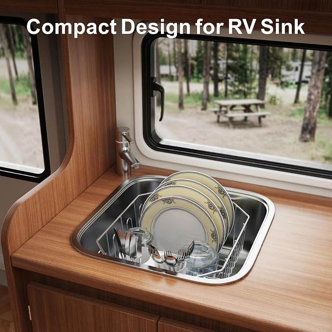 Small in Sink Dish Drying Rack - Stainless Steel for RV Kitchen | Compact Design for Apartments, Angled Corners Fit Square & Round Sinks, Utensil Holder, Cup Hooks, 1-2 Person, 11.6" x 13.4"