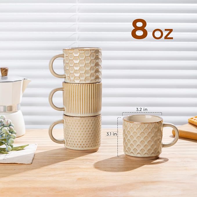 GBhome 8 OZ Stackable Coffee Mugs Set of 4, Ceramic Coffee Cups Set | 4 Assorted Designs, Embossed Mugs with Texture Patterns for Espresso/Tea, Dishwasher&Microwave Safe, Khaki