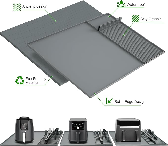 Boribim 24x16 Inch Silicone Mat for Kitchen Counter, Kitchen Essentials and Gadgets - Silicone Air Fryer and Coffee Mat Set - Heat Resistant Mat for AirFryer, Microwave, Oven, Coffee Machine (Gray)
