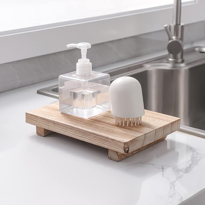 Wood Bathroom Tray Farmhouse Decor Kitchen Soap Holder, 9"x6" Brown | Waterproof, Lightweight, Easy Clean, Small Wooden Riser Pedestal Stand Accessories for Office Desk, Vanity, Counter, Sink