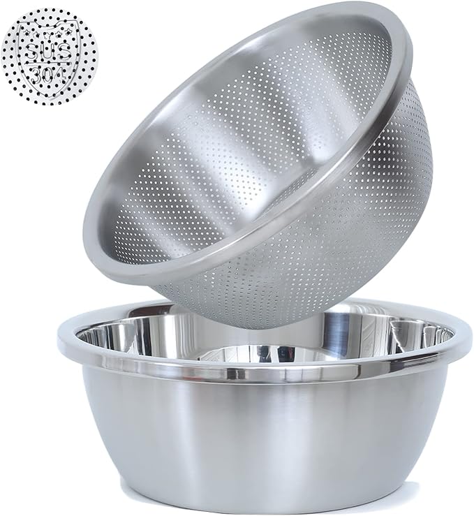 Paoli 304 Stainless Steel Fine Mesh Colander Set, 2QT Large Capacity Strainer with Mixing Bowl — Rinse Fruits, Veggies, Rice & Drain Pasta, Dishwasher Safe (2-Piece)
