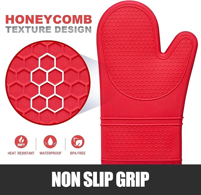 RORECAY Silicone Oven Mitts and Pot Holders Sets, Gloves for Kitchen, Red | Set of 6 Kitchen Mitts for Baking & Cooking, Heat Resistant 500 ℉, 15" Extra Long, Non-Slip & Waterproof, Quilted Cotton