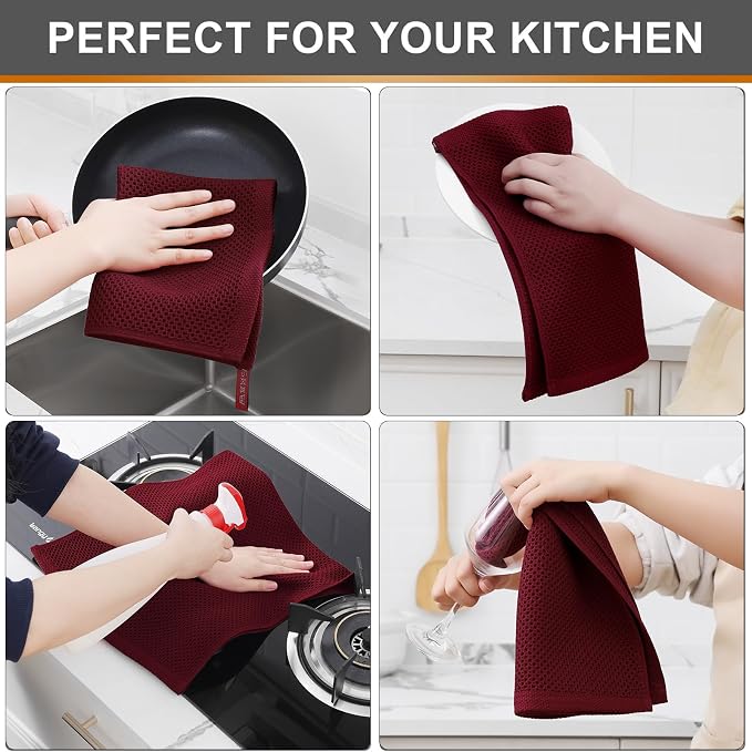 Kitinjoy 100% Cotton Waffle 4-Pack Kitchen Towels, 13" x 28", Burgundy | Super Soft, Ultra-Absorbent, Fast Drying, lightweight, Quick Drying Kitchen Hand Towels